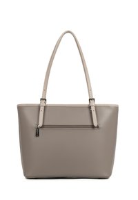 Borsa a mano in pelle taupe con due manici color beige e una tasca con zip orizzontale sul davanti.