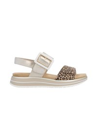 Sandal with a gold metallic strap and a leopard print band, featuring a white square buckle and a cushioned beige sole with textured grip.