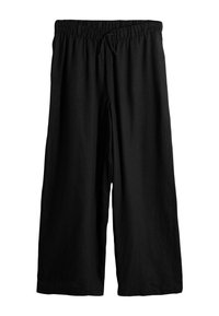 Črne široke hlače z elastičnim pasom in podrobnostjo z vrvico za zategovanje. Tkanina je mehka s gladko teksturo in omogoča sproščen kroj.