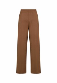 Pantalones marrones de pierna ancha con cinturilla elástica, hechos de tela suave, con una textura lisa y sin patrones ni detalles visibles.