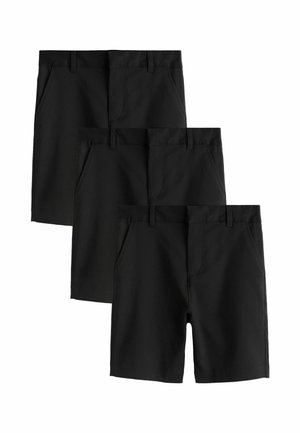 Drei Paar schwarze Freizeitsshorts mit Gürtelschlaufen und Seitentaschen, übereinander auf weißem Hintergrund angeordnet.