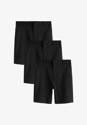 Kolme paria mustia rentoja shortseja, joissa on vyölenkit ja sivutaskut, päällekkäin valkoisella taustalla.