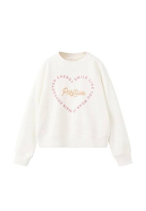 Sweat-shirt blanc à col rond avec manches longues et texte rose en forme de cœur lisant « Positive » et des mots motivants autour.