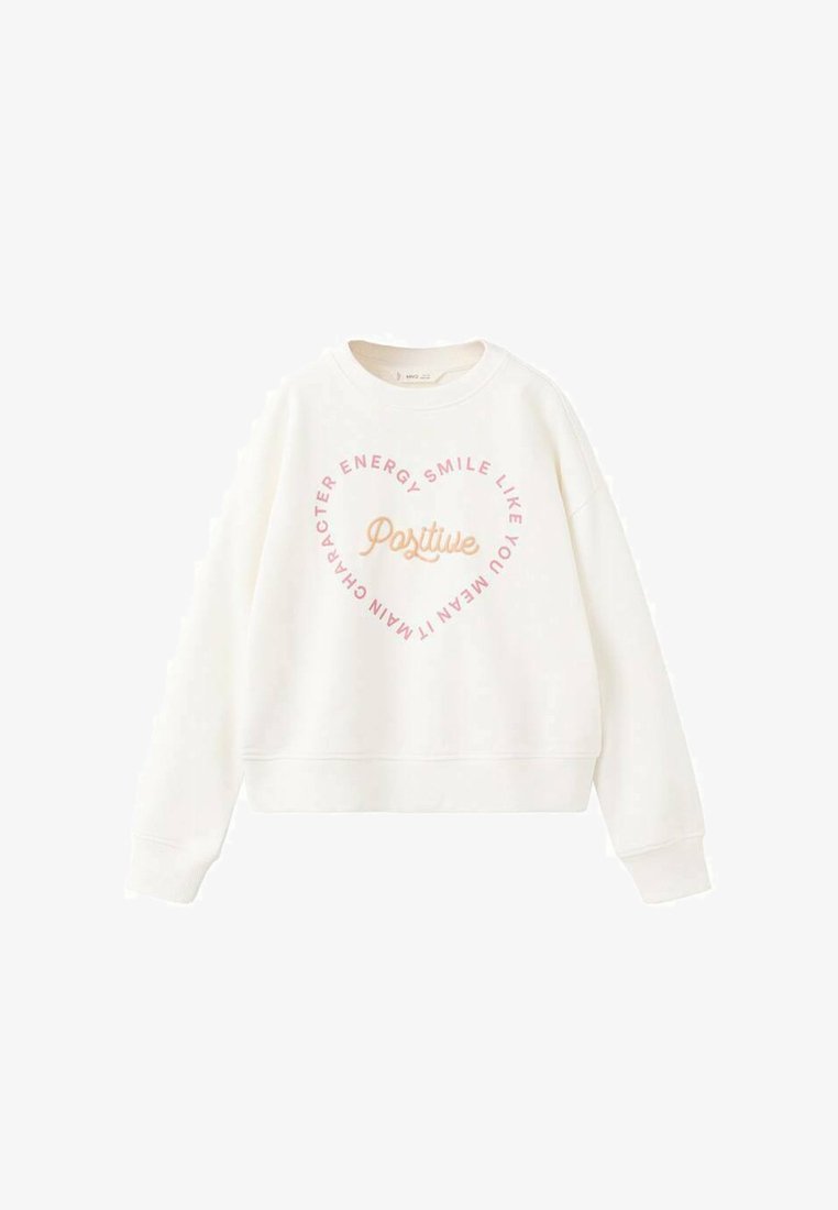 Felpa bianca girocollo con maniche lunghe e testo rosa a forma di cuore con la scritta "Positive" e parole motivazionali intorno.