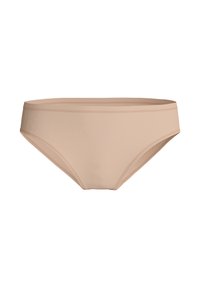 Hellbeige Baumwollbikiniunterhose mit glatter Textur, mittlerer Taille und minimalistischem Design. Überdeutliche Akzentnähte entlang der Kanten.