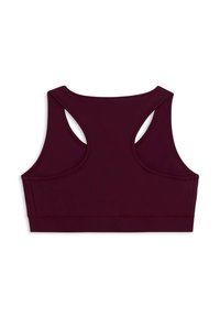 Bra sportivo bordeaux con design a racerback, caratterizzato da un tessuto morbido, un ampio elastico sotto il busto e ritagli aperti sulla schiena per una migliore traspirabilità.