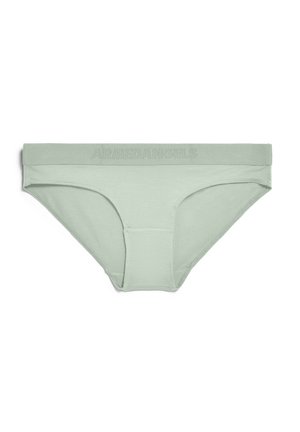 Lichtgroene bikini-onderbroek met een brede elastische tailleband waarin "ARMEDANGELS" is gegraveerd in dezelfde kleur.
