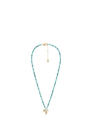 Turquoise beaded necklace with gold lobster clasp and three small gold and pearl marine-themed charms hanging at the center.