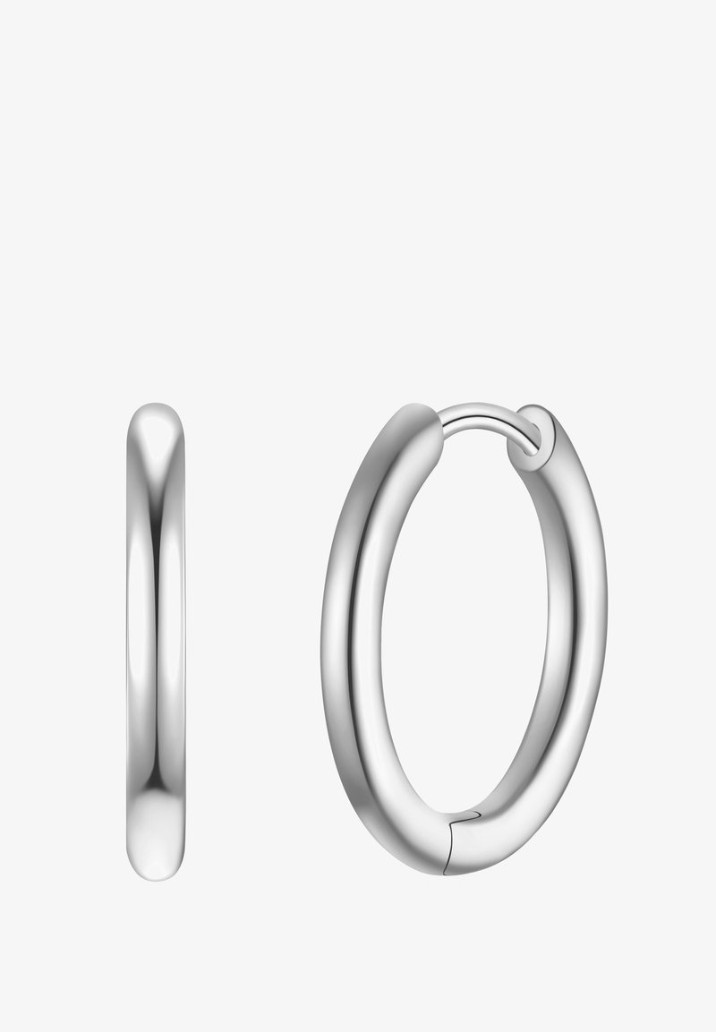 Srebrni obročasti uhani s gladkim, zaobljenim dizajnom in poliranim zaključkom, ki se ponašajo z brezšivnim zapiranjem in enakomerno debelino.