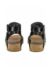 Černé kožené sandály s otevřenou zadní částí, korekovou stélkou a nastavitelnými přezkami. Mají texturované popruhy a plochou gumovou podrážku.