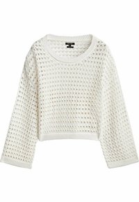 Valkoinen lyhyt neulepaita, jossa on avoin neulekuvio, pitkät hihat ja ribbauskaulus sekä -hihansuut. Kevyt materiaali, joka soveltuu kerrospukeutumiseen.