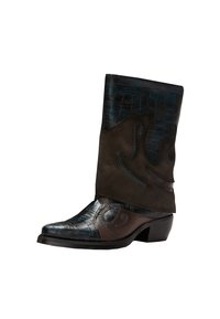Leather ankle boot with a dark brown crocodile pattern, suede upper, blue stitching details, and a stacked heel.