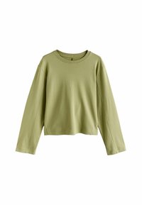 Długorakawowa bluza crewneck w jasnym zielonym kolorze, wykonana z miękkiej bawełny. Posiada luźny krój, opadające ramiona oraz ściągacze przy szyi i mankietach.