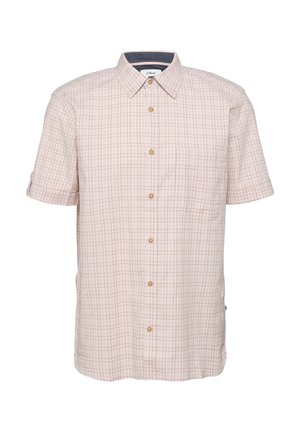 Beiges Kurzarm-Hemd mit dünnem rot-braun kariertem Muster und einer Brusttasche vor weißem Hintergrund.