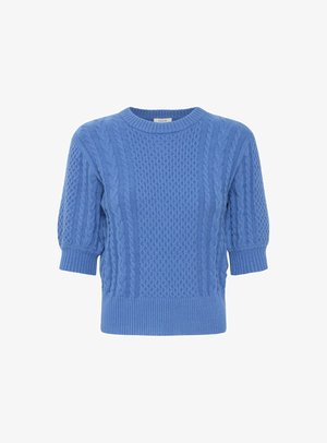 Blauw gebreide trui met korte pofmouwen, voorzien van textuur kabelbreipatronen en een geribbelde halslijn en zoom.