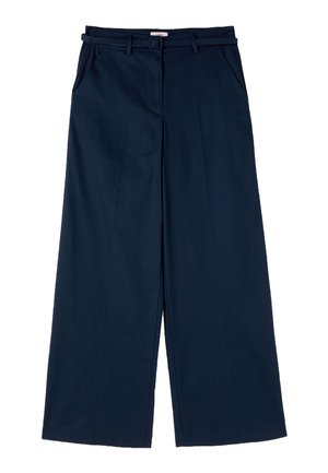 Pantalon large bleu marine taille haute, poches latérales, fermeture éclair avant et ceinture fine assortie avec une boucle rectangulaire.