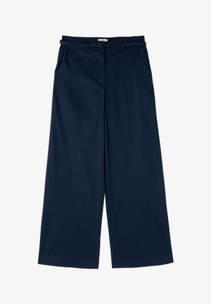 Pantalon large bleu marine taille haute, poches latérales, fermeture éclair avant et ceinture fine assortie avec une boucle rectangulaire.