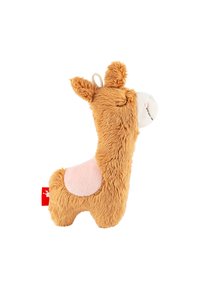 Soft plush llama toy, featuring a fuzzy orange exterior, pale pink accents, a small loop for hangability, and a friendly embroidered face.