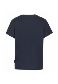 Marineblå bomulls t-shirt med kort ärm, rund halsringning och rak fåll. Har en liten varumärkesetikett på sidan.