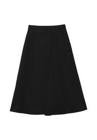 Gonna nera a trapezio con una texture liscia, lunghezza fino al ginocchio e una tasca laterale. Presenta una vita aderente e un sottile dettaglio a pieghe.