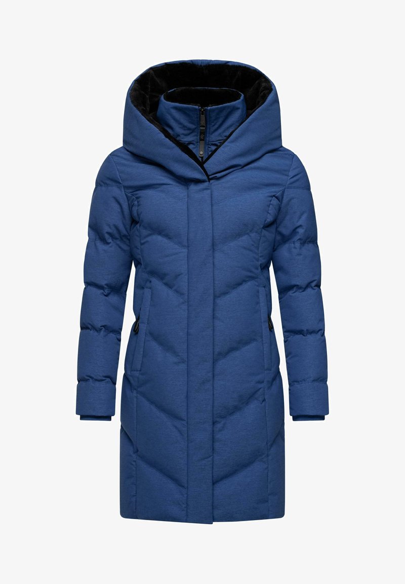 Blå puffjacka med en stor huva, med diagonala quiltsömmar, två sidofickor och dragkedjestängning. Inuti är den fodrad med svart tyg.