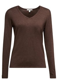 Brązowy sweter z długim rękawem, wykończony w kształcie litery V, o prążkowanej fakturze i lekko dopasowanym kroju. Metka widoczna przy dekolcie.