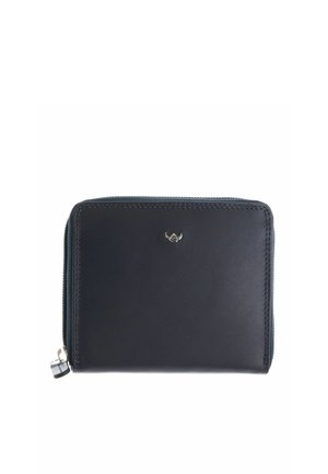 Portefeuille en cuir noir avec fermeture éclair tout autour, petit logo métallique centré à l’avant et languette de tirette sur le côté gauche.