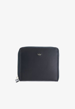 Portefeuille en cuir noir avec fermeture éclair tout autour, petit logo métallique centré à l’avant et languette de tirette sur le côté gauche.