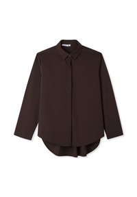 Camicia marrone a maniche lunghe con colletto classico, chiusura frontale con bottoni e orlo curvo. Realizzata in un tessuto liscio senza disegni visibili.