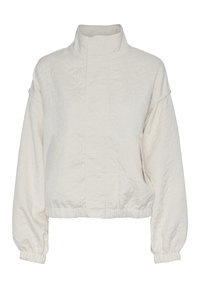 Pikowana biała kurtka z wysokim kołnierzem, elastycznymi mankietami i paskiem w talii. Posiada boczną kieszeń oraz fakturowany wzór kwiatowy.