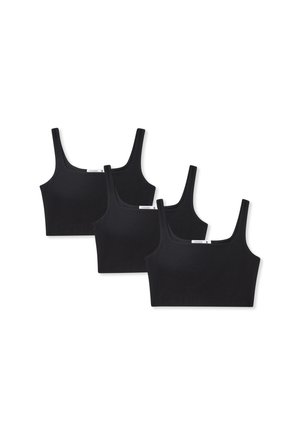 Czarne bawełniane biustonosze bez fiszbiny z szerokimi ramiączkami i prążkowaną fakturą. Pokazane trzy identyczne modele, każdy o kwadratowym kroju.