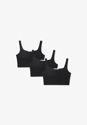 Bralette neri in cotone con spalline larghe e texture a coste. Mostrate tre pezzi identici, ciascuno con un design a taglio quadrato.