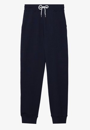 Navy blue sweatpants made of soft fabric, featuring an elastic waistband with white drawstring, tapered legs, and ribbed cuffs.