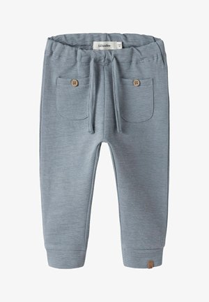 Light blue toddler pants with elastic waistband, front drawstrings, two buttoned pockets, and ribbed cuffs.