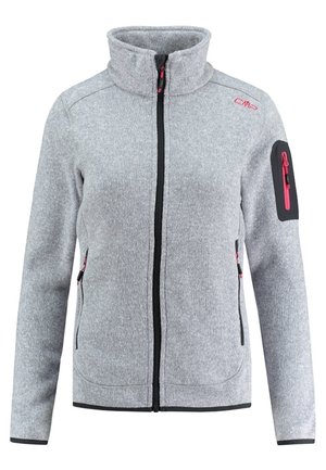 Veste polaire gris clair zippée avec col haut, détails de fermeture éclair noirs et roses, deux poches latérales et une poche zippée sur la manche gauche.