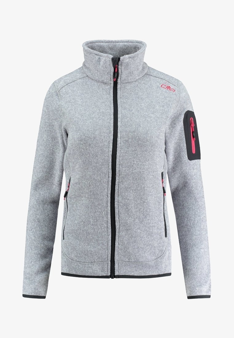 Veste polaire gris clair zippée avec col haut, détails de fermeture éclair noirs et roses, deux poches latérales et une poche zippée sur la manche gauche.