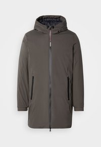 Dark gray parka jacket with a hood, front zipper, and two side pockets. Smooth material with a slightly padded interior. Minimalist design.