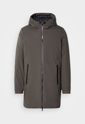 Dunkelgraue Parkajacke mit Kapuze, Frontreißverschluss und zwei Seitentaschen. Glattes Material mit leicht gepolstertem Innenfutter. Minimalistisches Design.