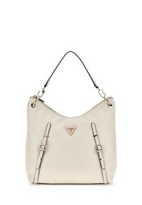 Borsa hobo in pelle beige con tracolla nera, caratterizzata da accessori in argento, un logo triangolare e dettagli decorativi sulla tracolla anteriore.