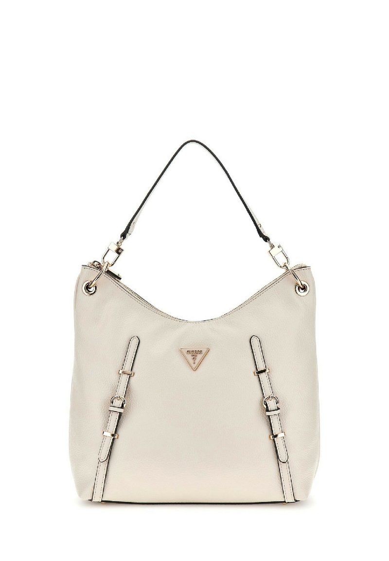 Borsa hobo in pelle beige con tracolla nera, caratterizzata da accessori in argento, un logo triangolare e dettagli decorativi sulla tracolla anteriore.