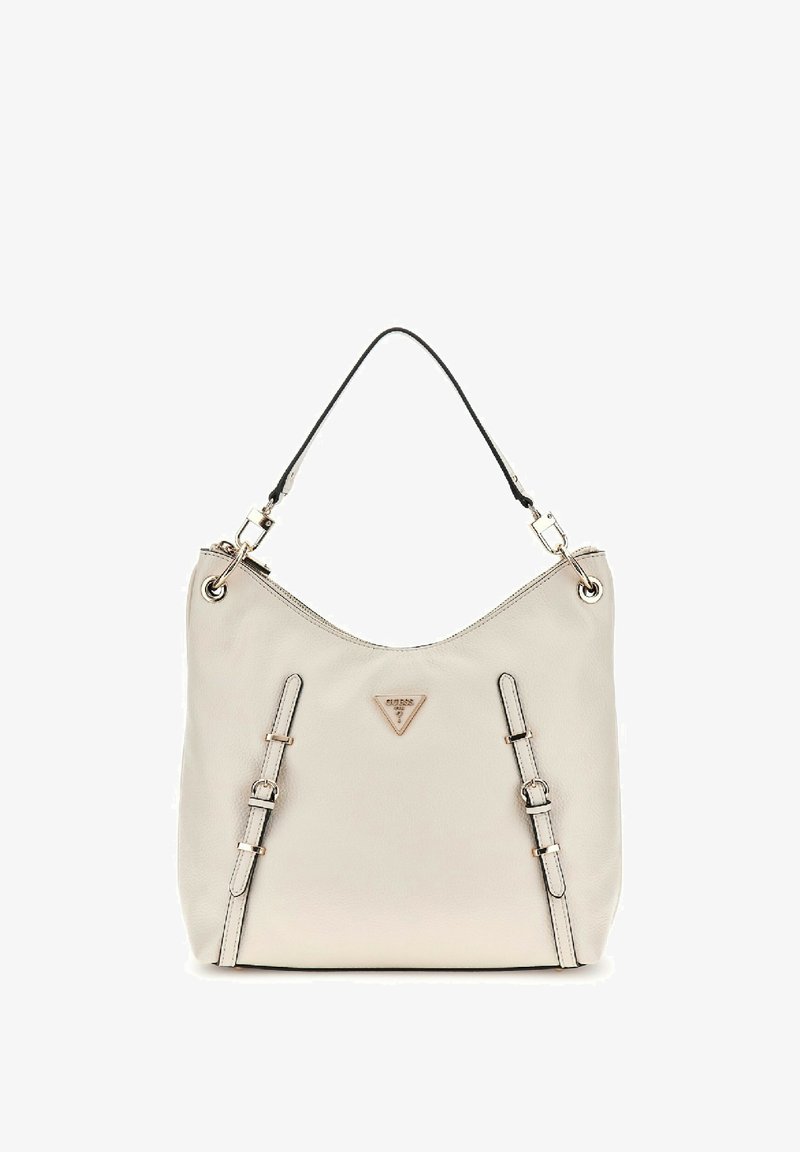 Borsa hobo in pelle beige con tracolla nera, caratterizzata da accessori in argento, un logo triangolare e dettagli decorativi sulla tracolla anteriore.