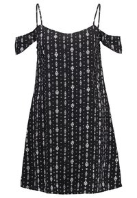 Vestido negro con hombros al aire y patrones geométricos blancos. Hecho de una tela ligera, presenta tirantes finos y una silueta en forma de A.