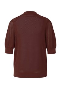 Pull en maille marron foncé à manches courtes avec un motif en mesh, poignets, ourlet et col côtelés, vu de dos.