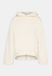 Sudadera corta color crema con un ajuste relajado, mangas largas y capucha con cordón, confeccionada con una tela suave y texturizada.
