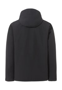 Schwarze wasserdichte Jacke mit Kapuze, glatter Textur und einem schlichten Design ohne sichtbare Logos oder Verzierungen.