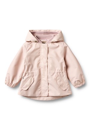 Giacca rosa chiaro per bambini piccoli con cappuccio, polsini elasticizzati, chiusura frontale con patta, vita regolabile e due tasche con patta.
