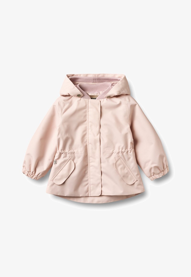 Veste rose clair pour tout-petit avec capuche, poignets élastiques, fermeture avant à rabat, taille ajustable et deux poches à rabat.
