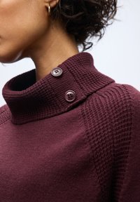 Burgunderfarbener Pullover mit hohem, strukturiertem Kragen und zwei dekorativen Knöpfen. Verfügt über gerippte Akzente an den Schultern und Seiten.