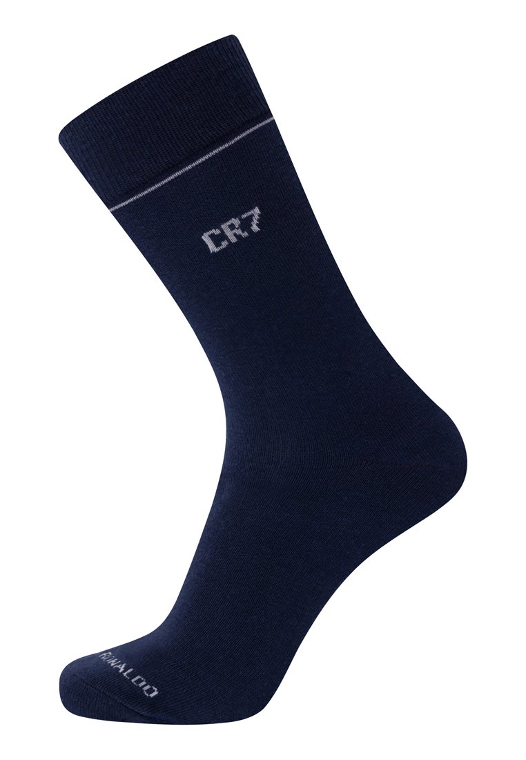 Calzino blu navy con risvolto a costine, con "CR7" sulla caviglia e "CRISTIANO" sulla punta in lettere grigio chiaro.