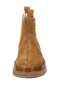 Hnědé semišové kotníkové boty se světle hnědými elastickými bočními panely a gumovou podrážkou. U horní části jsou poutka pro snadné obutí. Hladký povrch s minimálním prošíváním.